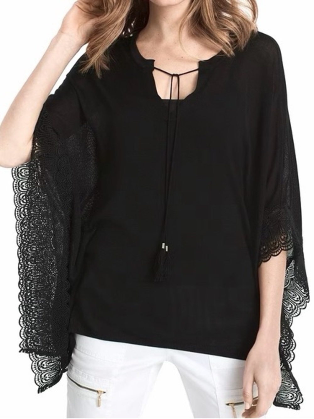 White House Black Market Womens Butterfly Lace Knit Poncho Top Size S Black